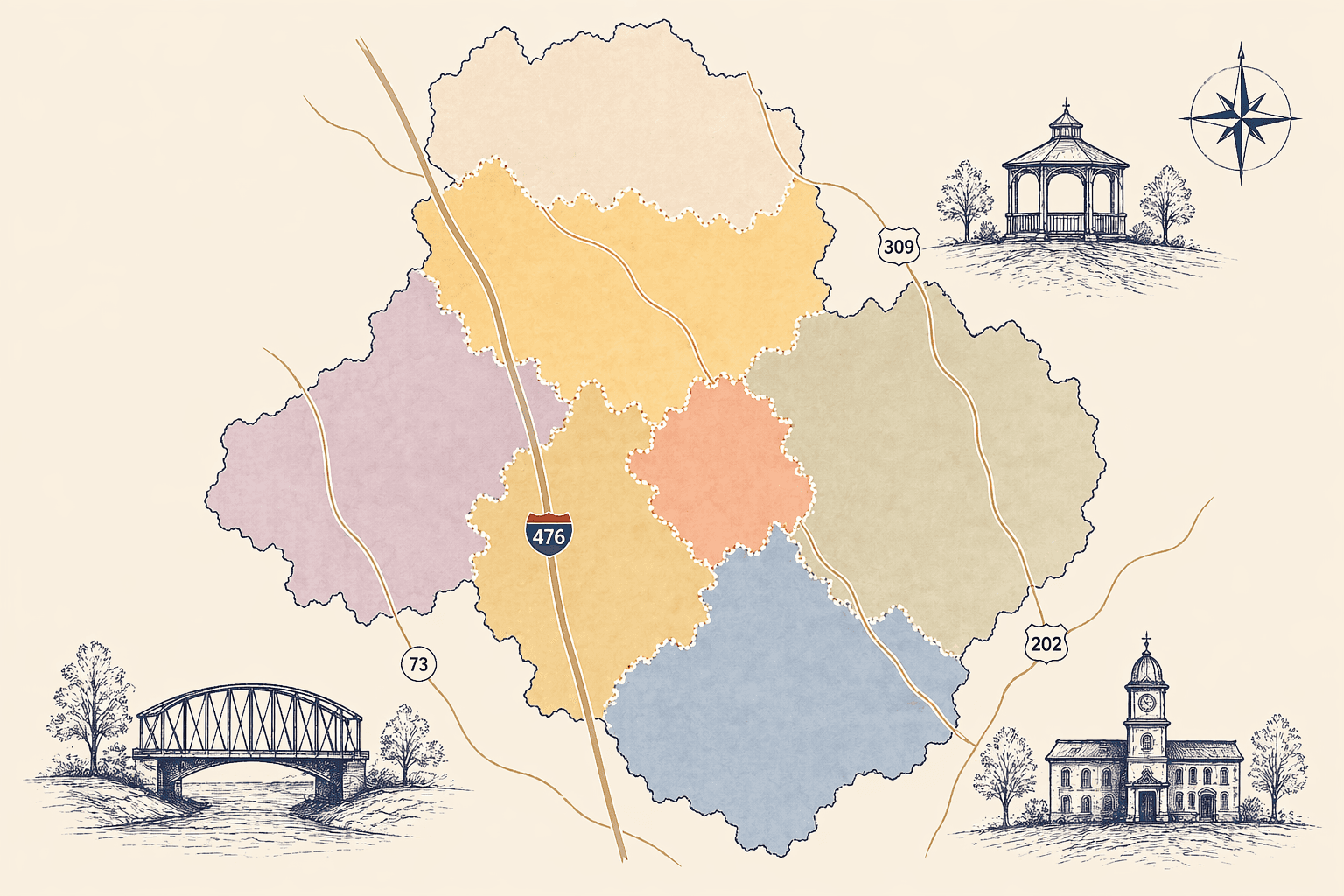 Illustrated map of Pennsylvania House District 53 showing Lansdale, Hatfield Borough, Hatfield Township, Franconia, Salford, Souderton, and Telford